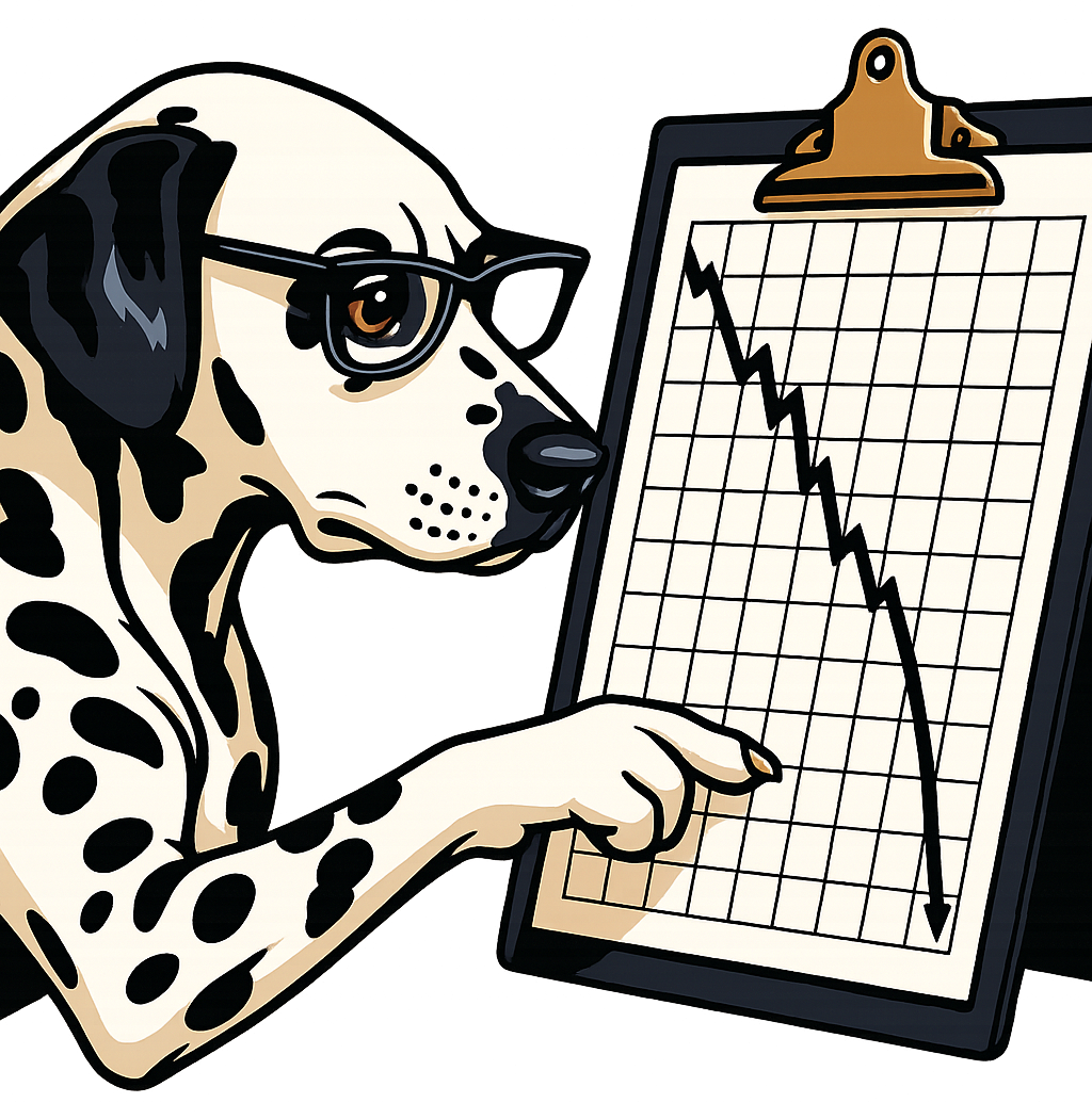 an illustration by theTailed of a Dalmatian dog wearing glasses pointing at a downwards trending graph