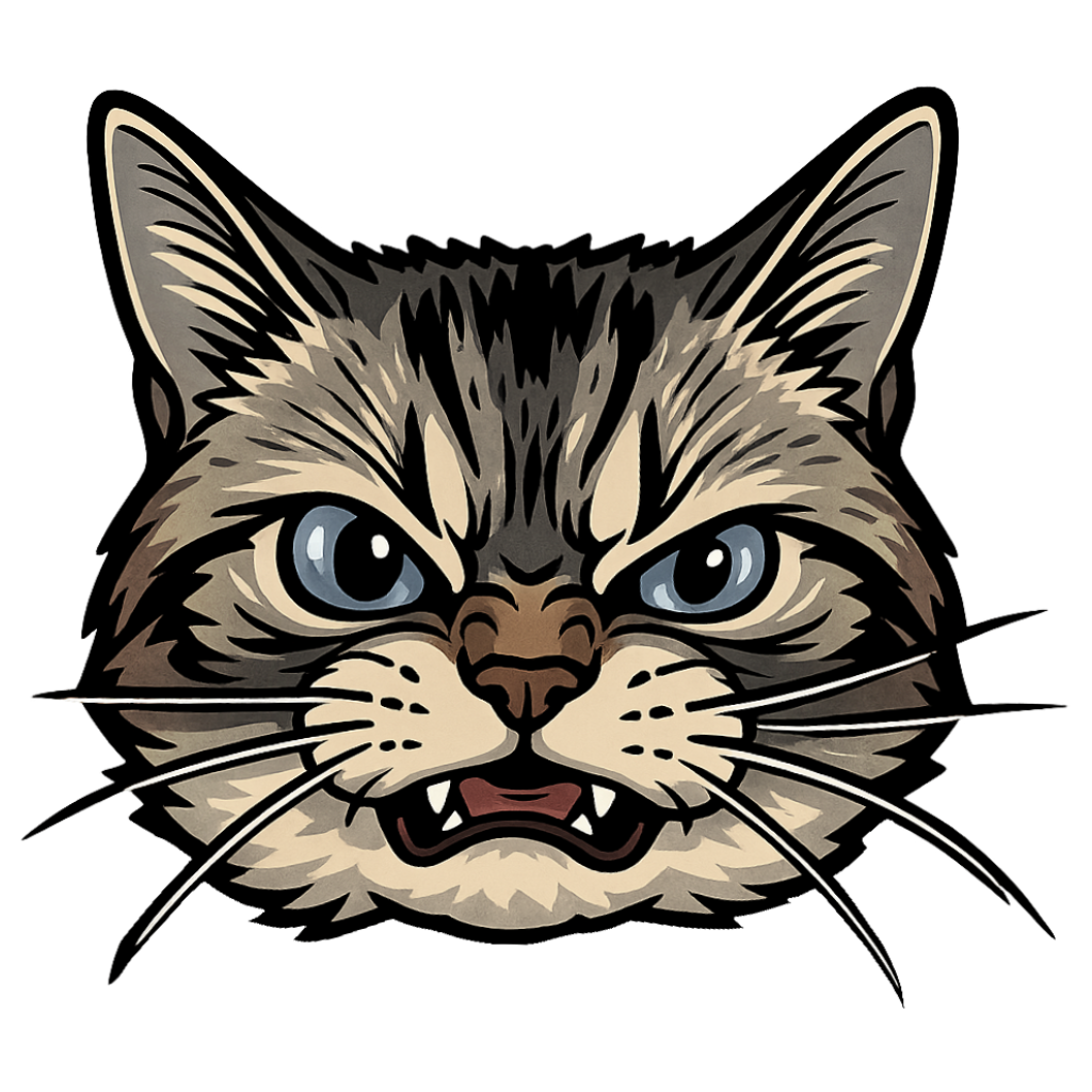 Custom Illustration by theTailed of a cat's face with a fierce expression on a white background