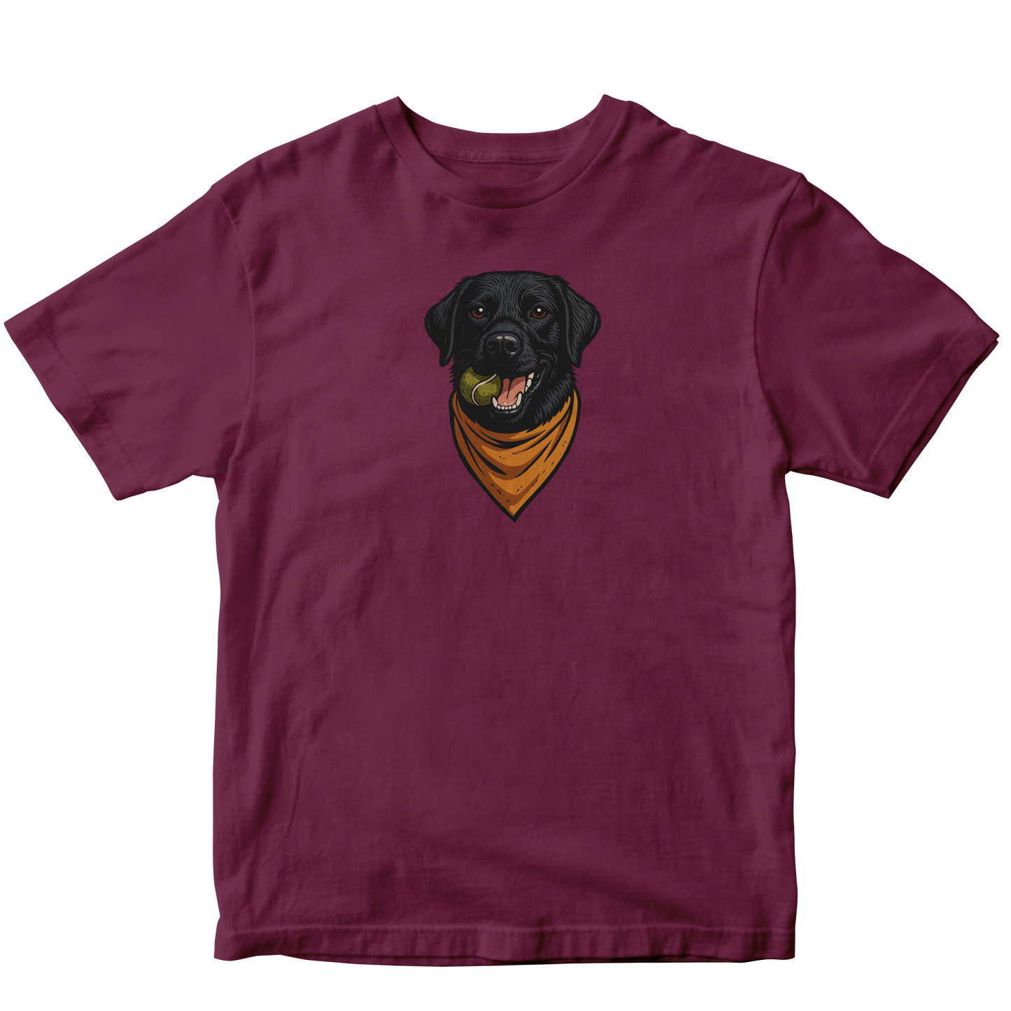 Maroon t-shirt with a black dog wearing a yellow bandana graphic on a white background