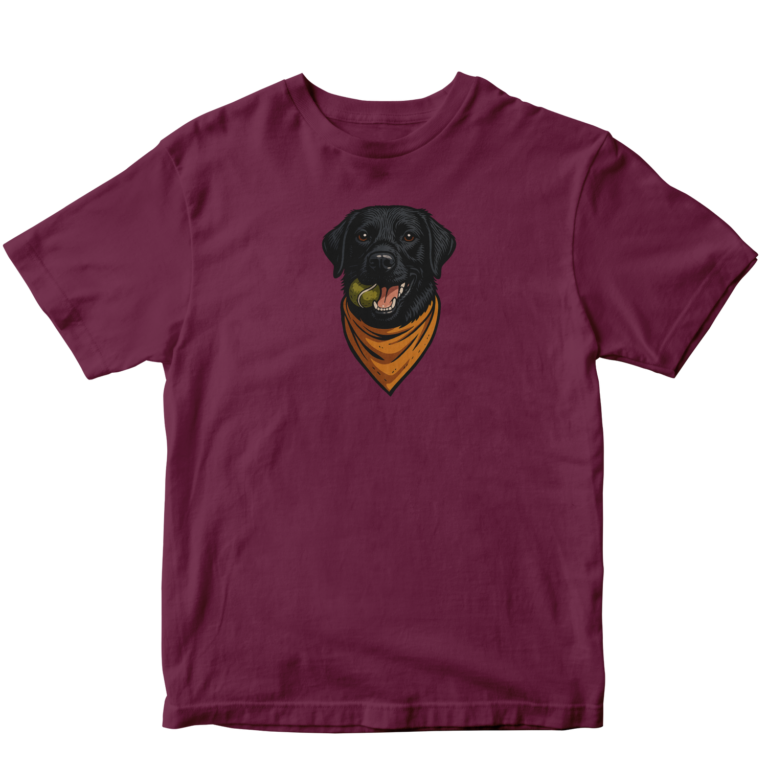Maroon t-shirt with a black dog wearing a yellow bandana graphic on a white background