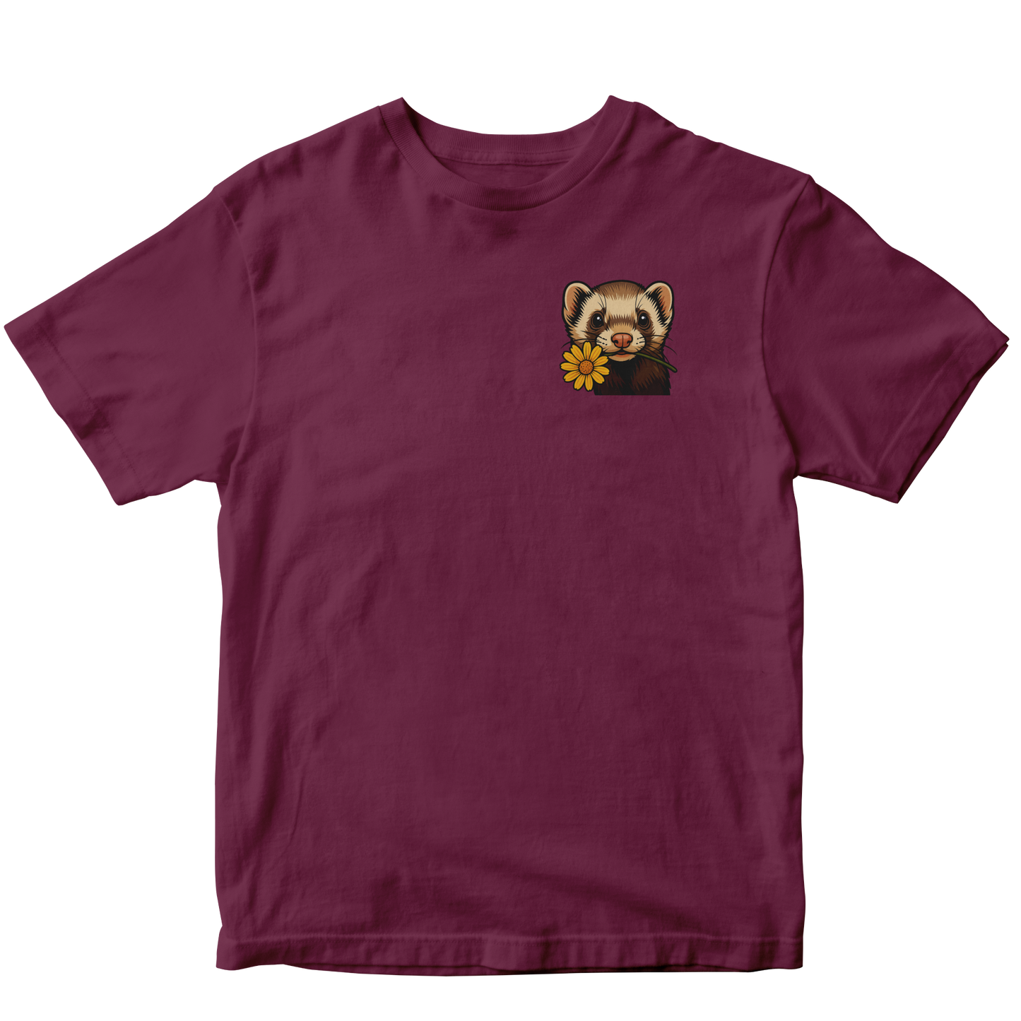 Maroon t-shirt with a small graphic of a raccoon holding a flower on a white background