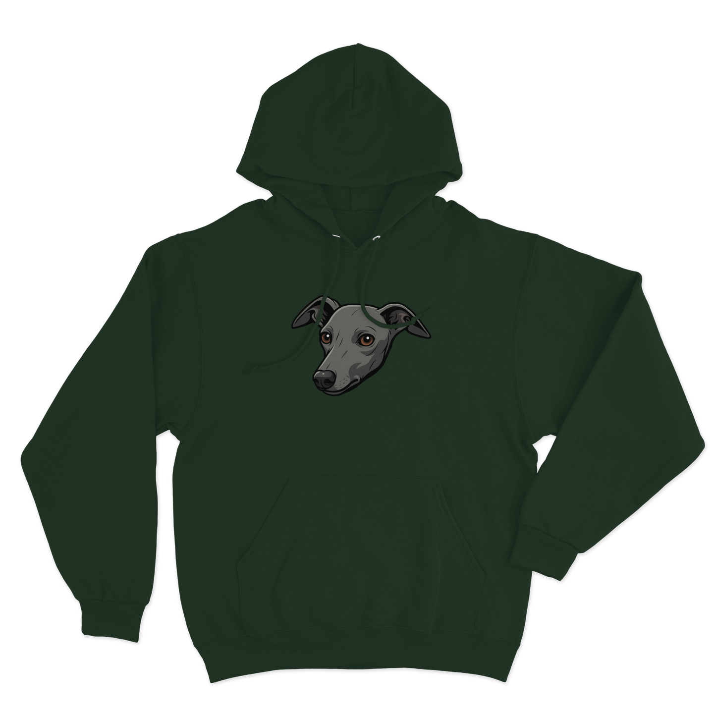 Dark green hoodie with a custom dog's face design on a white background