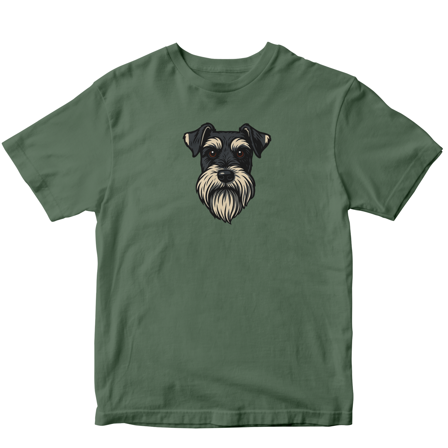 Green t-shirt with a dog graphic on a white background