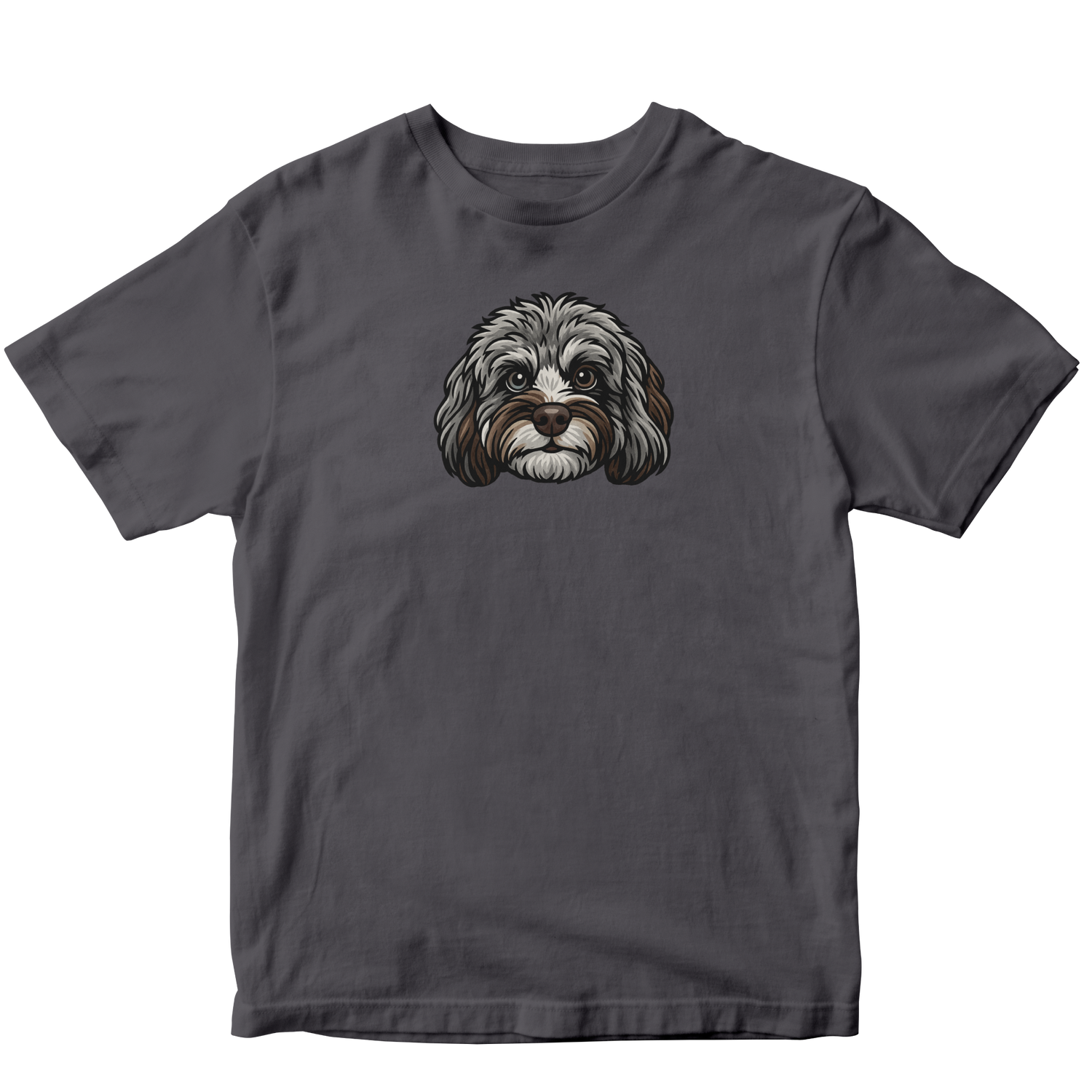 Gray t-shirt with a dog graphic on a white background