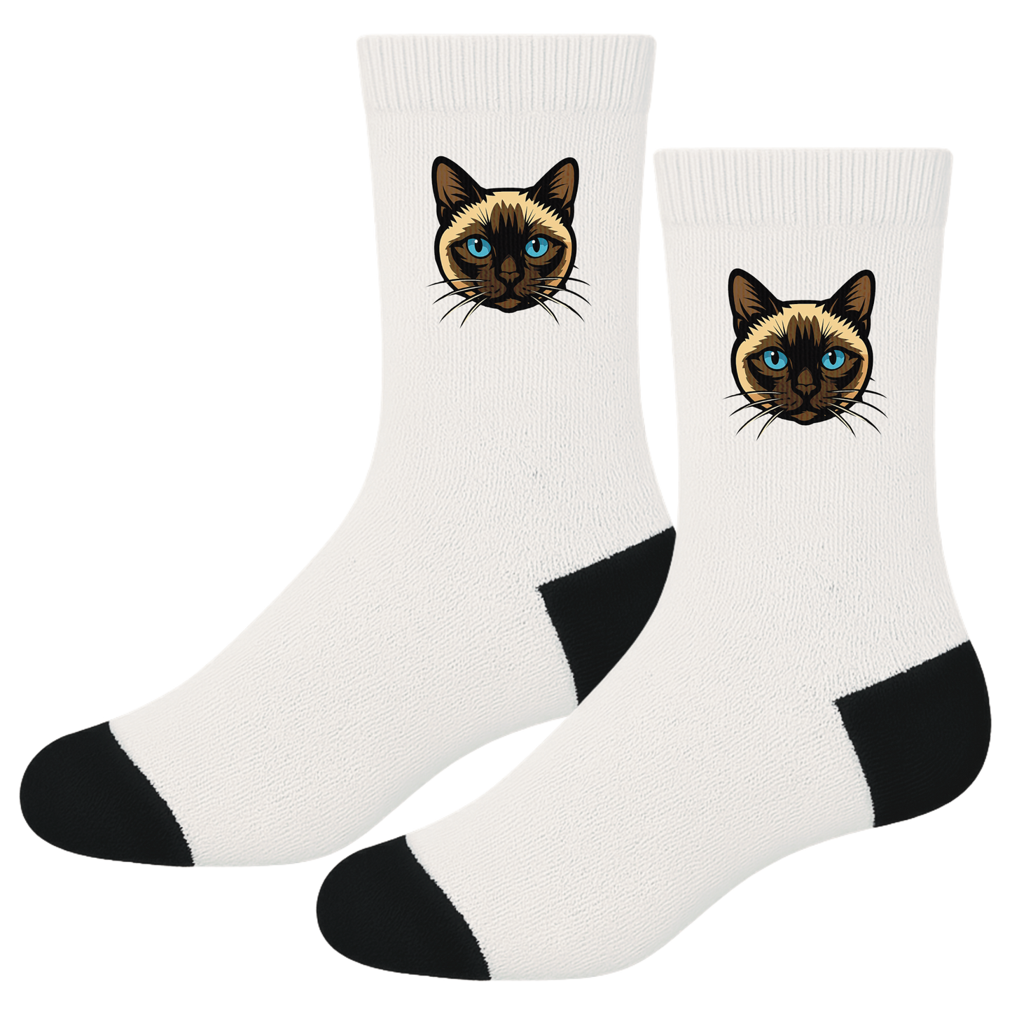 White socks with a Siamese cat illustration on a white background