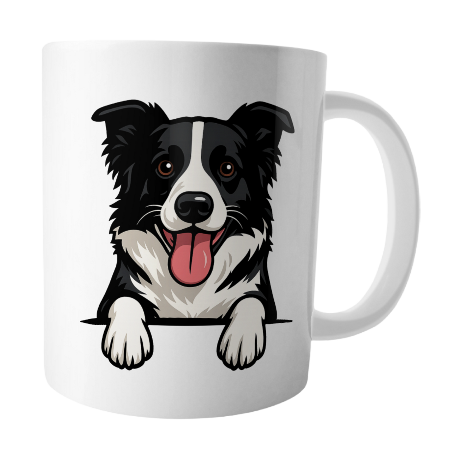 White mug with a cartoon border collie illustration