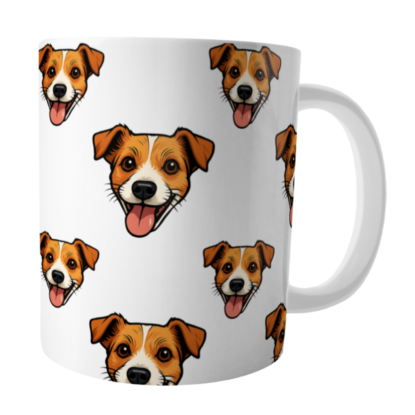 White mug with repeated illustration of a dog's face