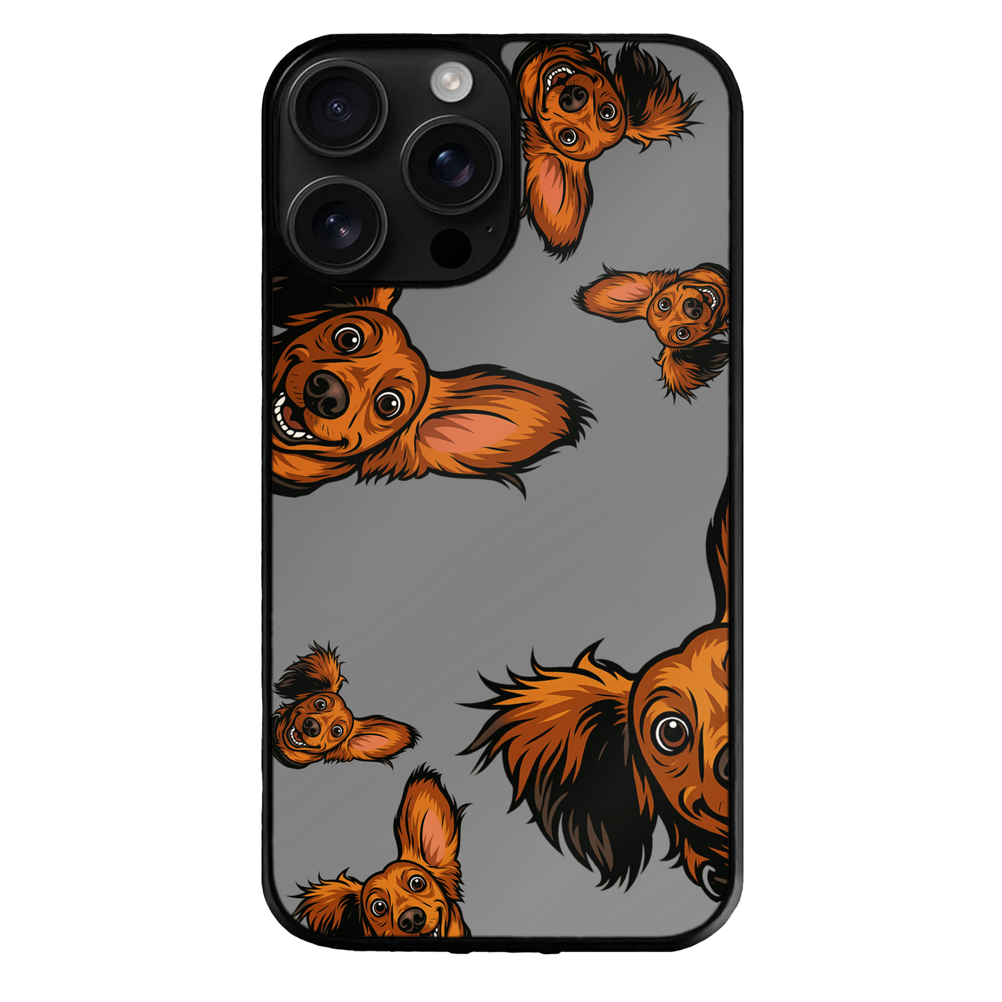 Phone case with cartoon dog illustration on a gray background