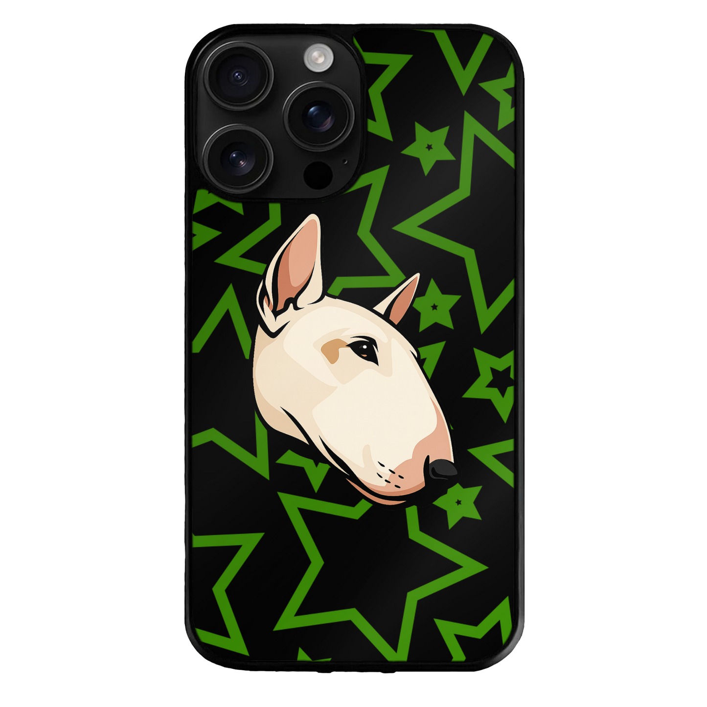 Phone case with a dog illustration by theTailed on a black background with green star patterns