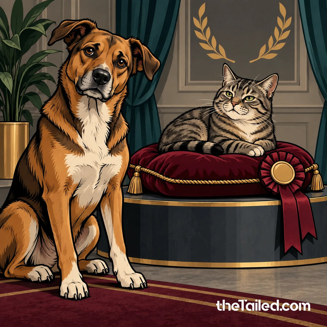 Conceptual editorial illustration of an adult rescue dog and tabby cat beside an awards cushion and rosette; not a depiction of real nominees.