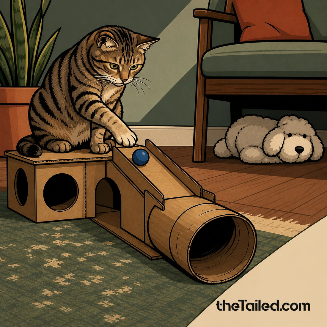 Editorial comic of a composed tabby cat releasing a ball down a homemade cardboard game course while an expensive untouched toy sits under a chair