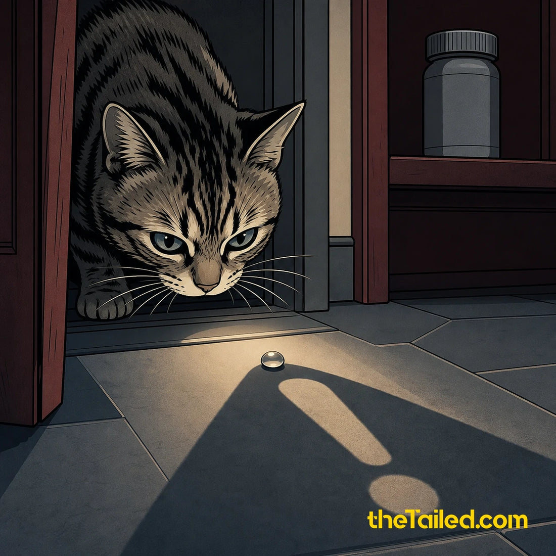 Comic-style cat pausing before a bathroom doorway while one tiny spill casts an outsized warning shadow across the floor