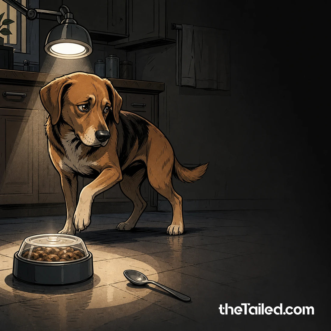 Comic-style dog stepping away from a sealed food bowl while a careful eye-check light waits nearby