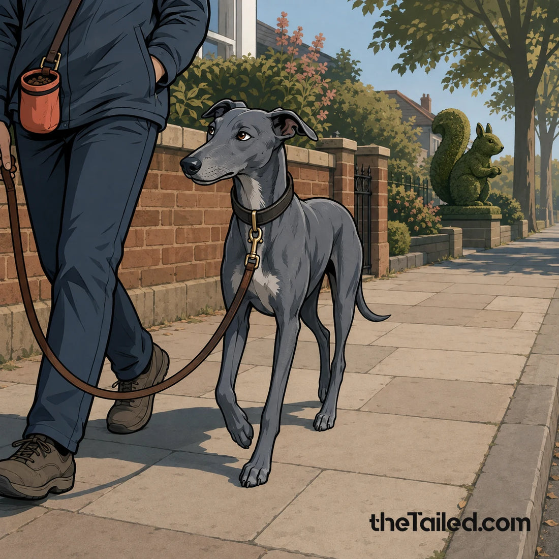 Editorial comic of a composed adult lurcher matching a walker's stride on a loose U-shaped lead while ignoring a squirrel-shaped topiary ahead