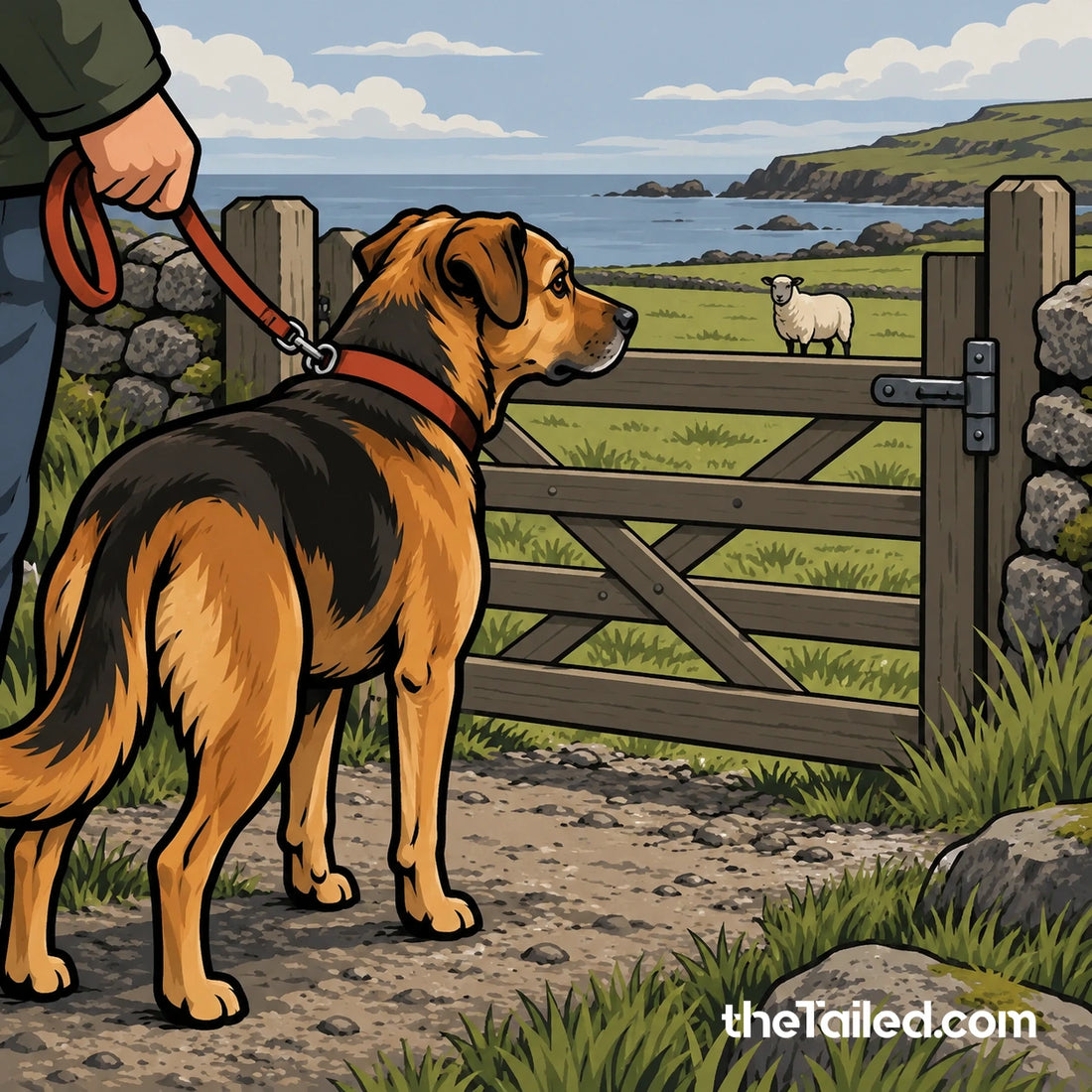 Symbolic editorial scene of an invented dog held on a short lead outside a field gate, with a distant sheep; not the Portencross incident.