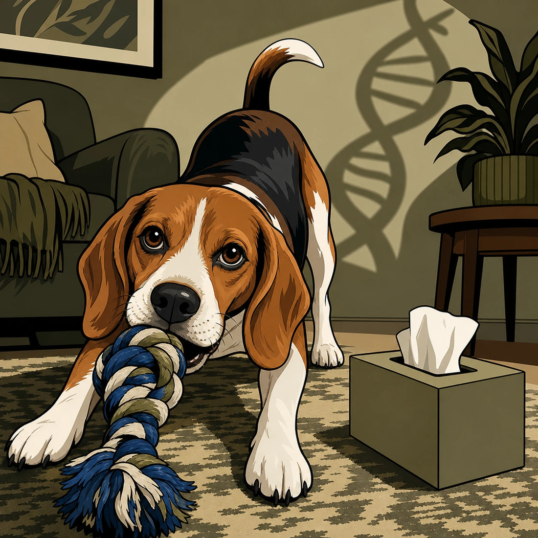 Comic-style beagle calmly offering a tug toy while a DNA-shaped shadow falls across an unused tissue box