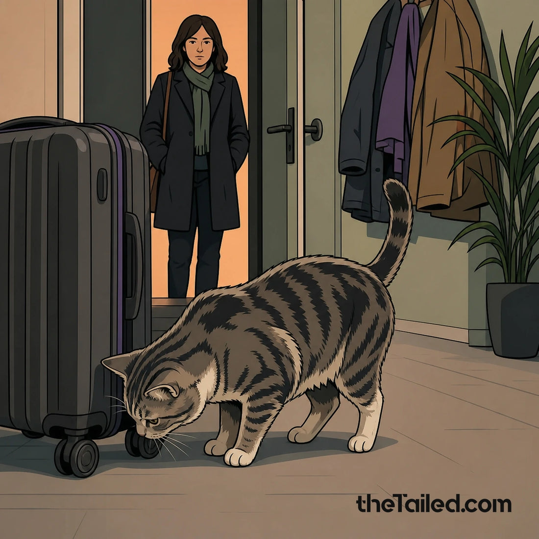 Comic-style returning traveller waiting at the doorway while a cat conducts an exaggerated scent inspection of one suitcase wheel