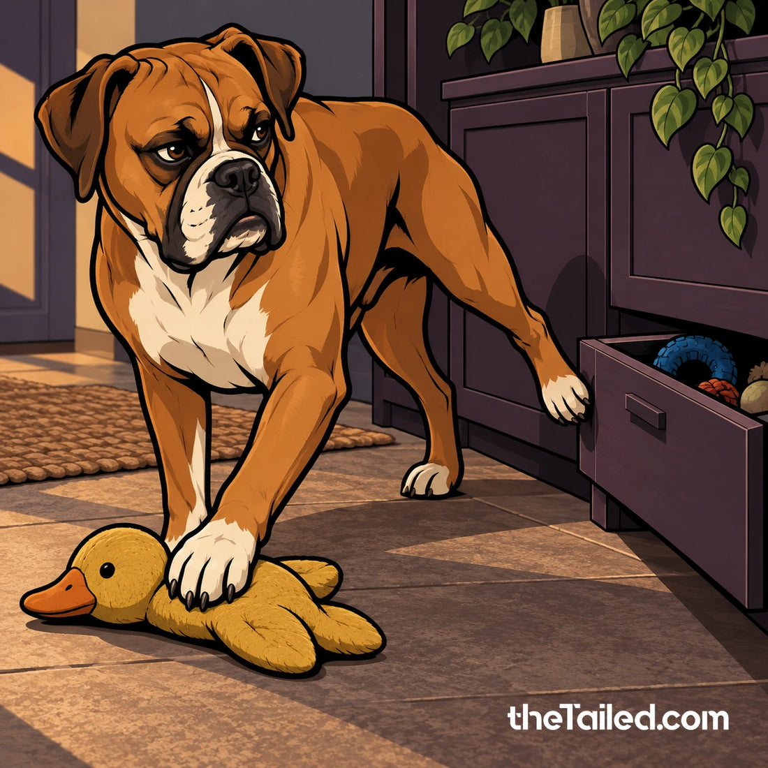 Conceptual editorial illustration of a boxer keeping a favourite soft duck under one paw while closing a toy drawer, reflecting the comfort-toy exception in a rotation routine.