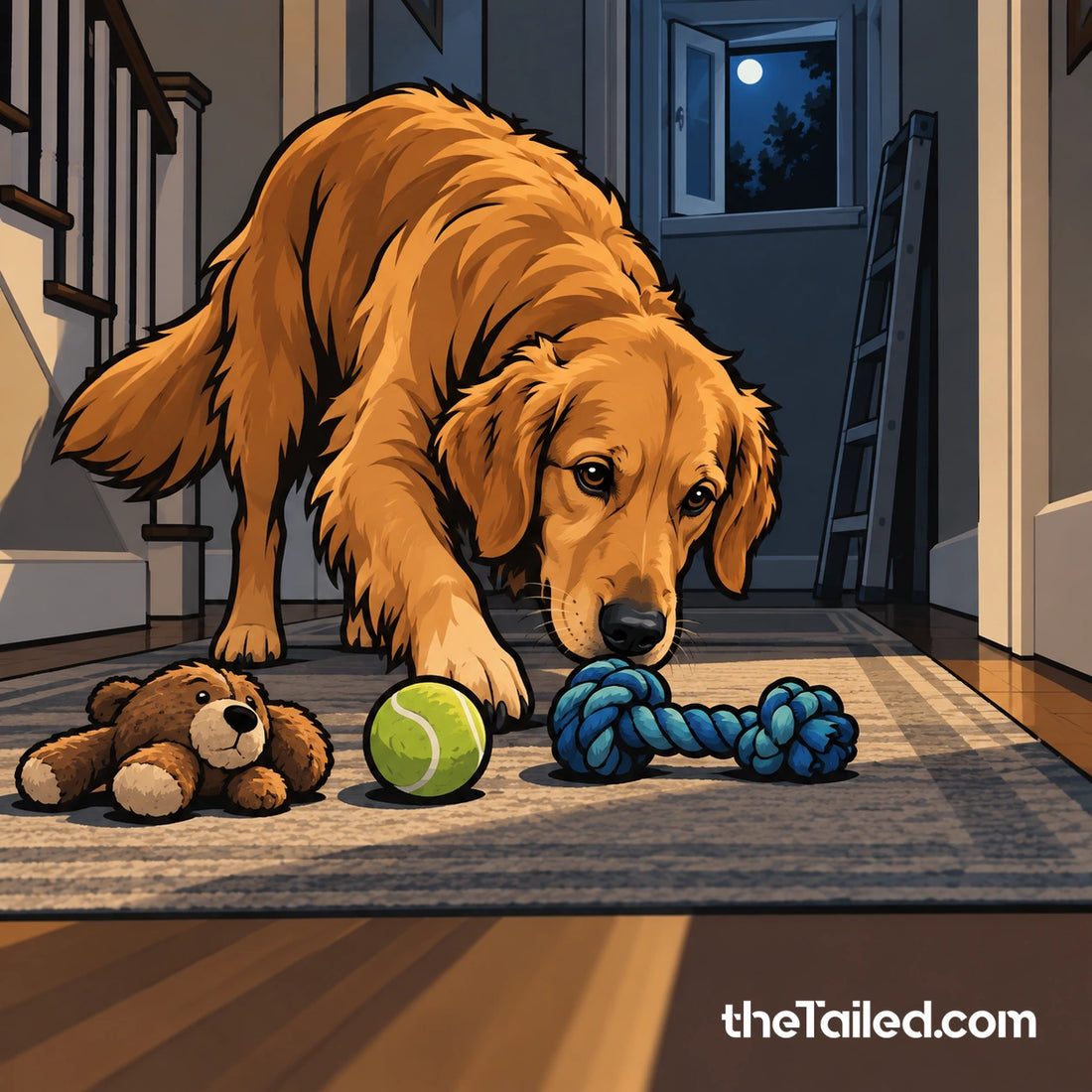 Conceptual editorial illustration of an invented golden retriever arranging three toys in a hallway after an unexpected home entry; not a depiction of Nash or the real incident.