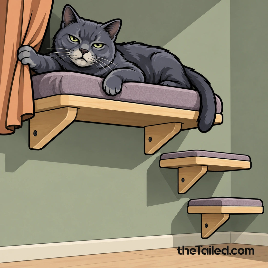 Editorial comic of an adult blue-grey cat drawing a small curtain beside its broad resting perch, with two accessible steps below, treating the nook like a private theatre box