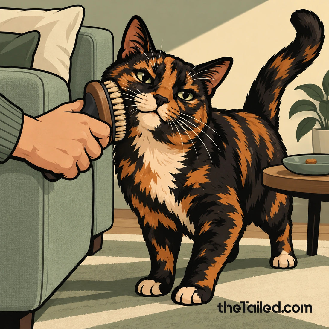 Conceptual editorial illustration of an adult tortoiseshell cat leaning one cheek into a grooming brush while keeping the rest of its body just beyond reach.