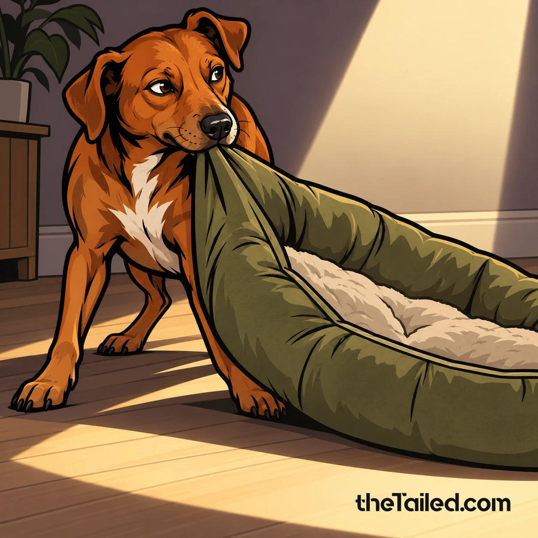 Conceptual comic illustration of an invented dog moving its everyday bed into a spotlight; not a photograph of a Crufts nominee.