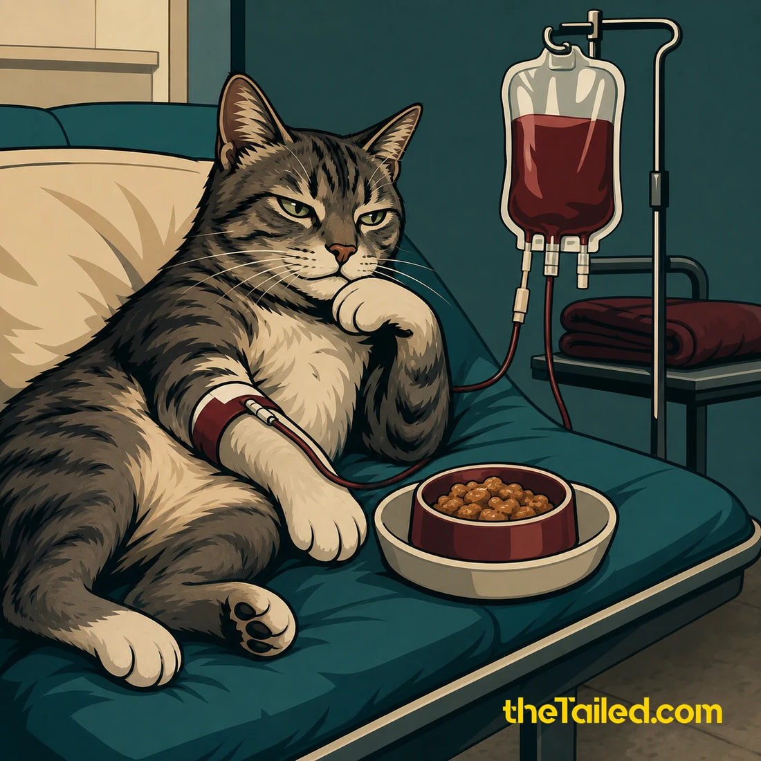 Comic-style donor cat reclining beside a veterinary blood bag and assessing a recovery treat bowl