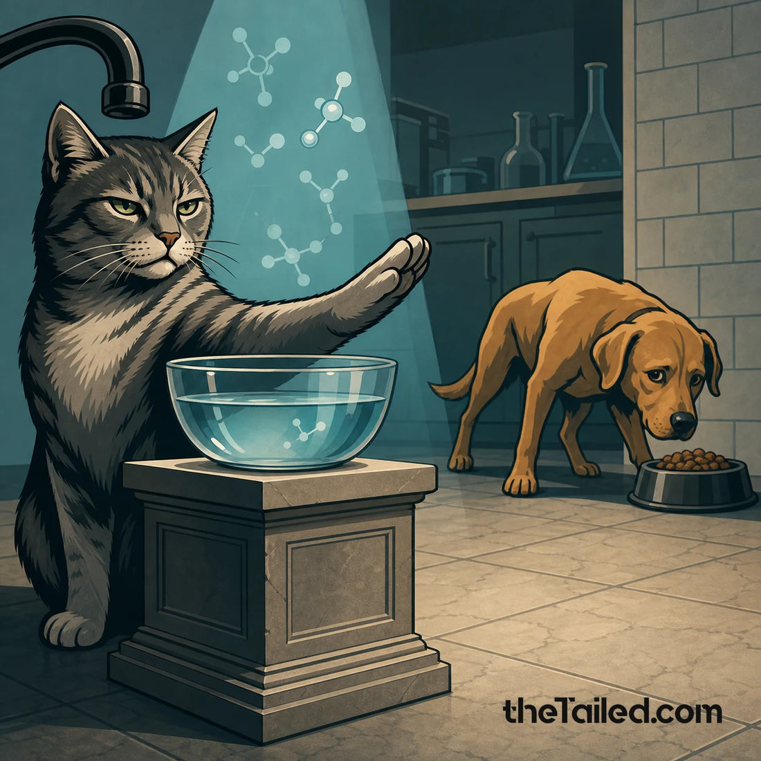 Comic-style cat guarding a raised water bowl while a dog cautiously investigates a separate food bowl