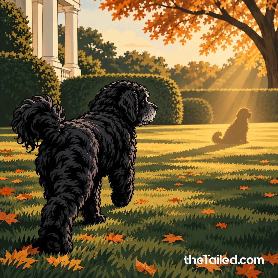 Conceptual editorial illustration of an invented black Portuguese water dog crossing a quiet White House lawn toward a second distant dog silhouette; not a depiction of Sunny, Bo or any real event.