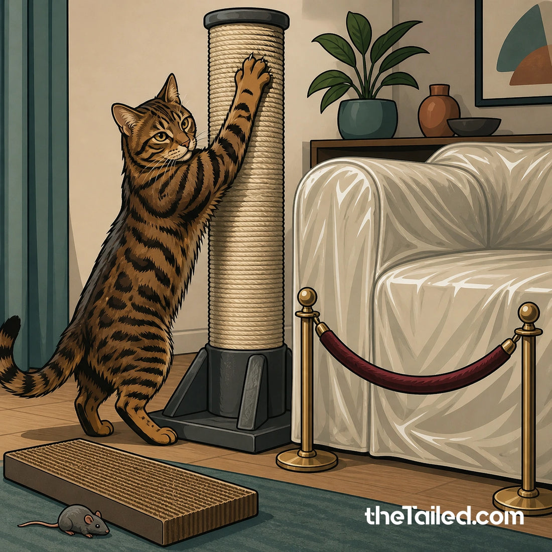 Editorial comic of an adult brown tabby stretching on a tall sturdy scratching post beside a sofa protected like a roped-off museum piece