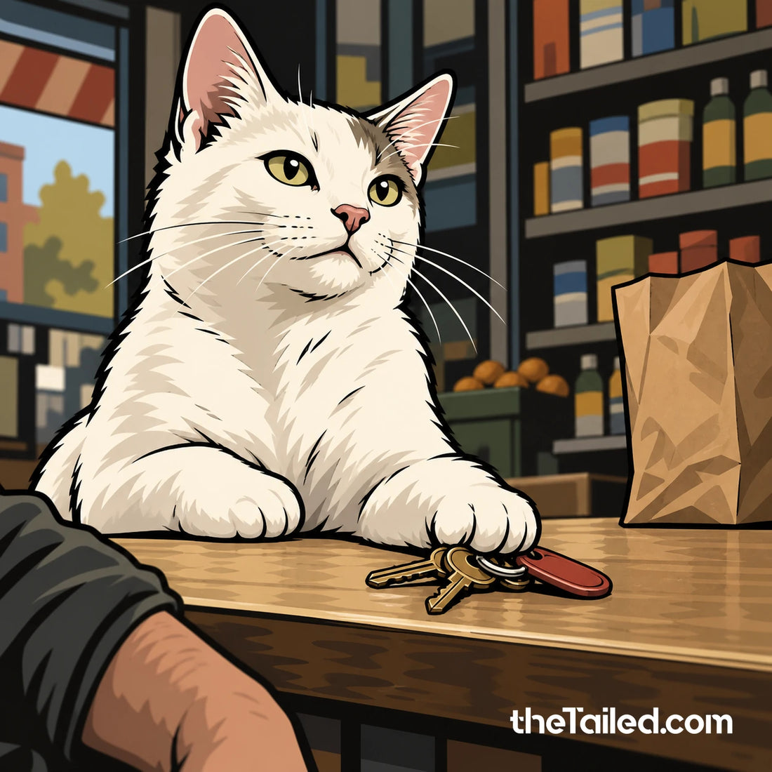 Conceptual editorial illustration of an invented white bodega cat calmly reclaiming the shop counter and keys after returning home; not a depiction of Jabal or any real person.