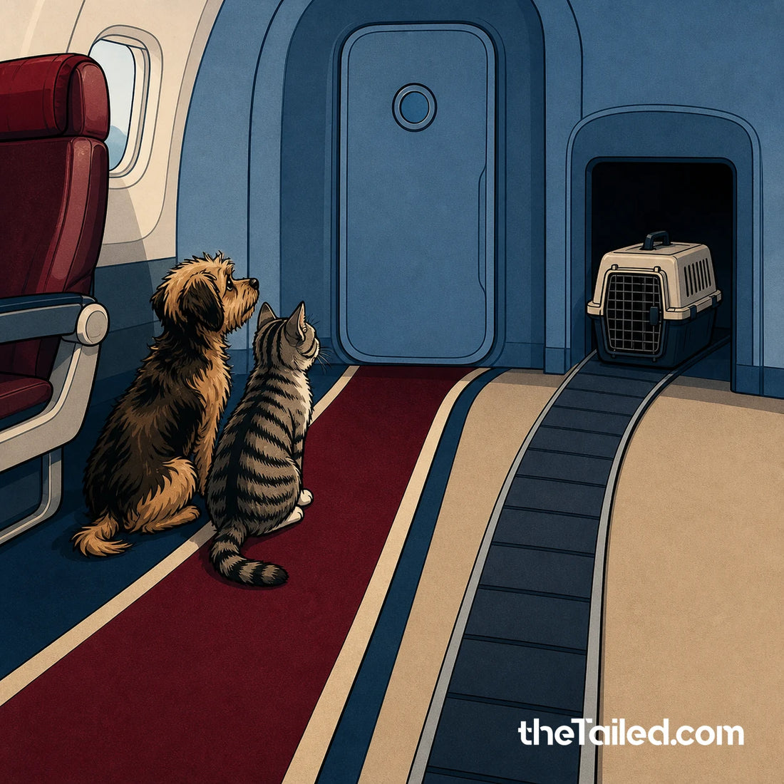 A small dog and cat sit beside an empty aircraft cabin seat while their approved travel carrier follows a separate route below