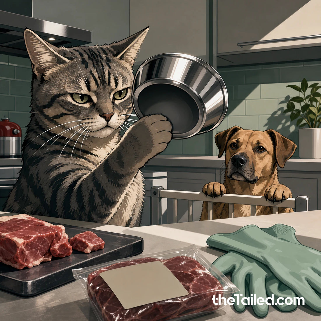 Comic-style cat inspecting a clean bowl in a kitchen while a dog waits behind a food-preparation barrier