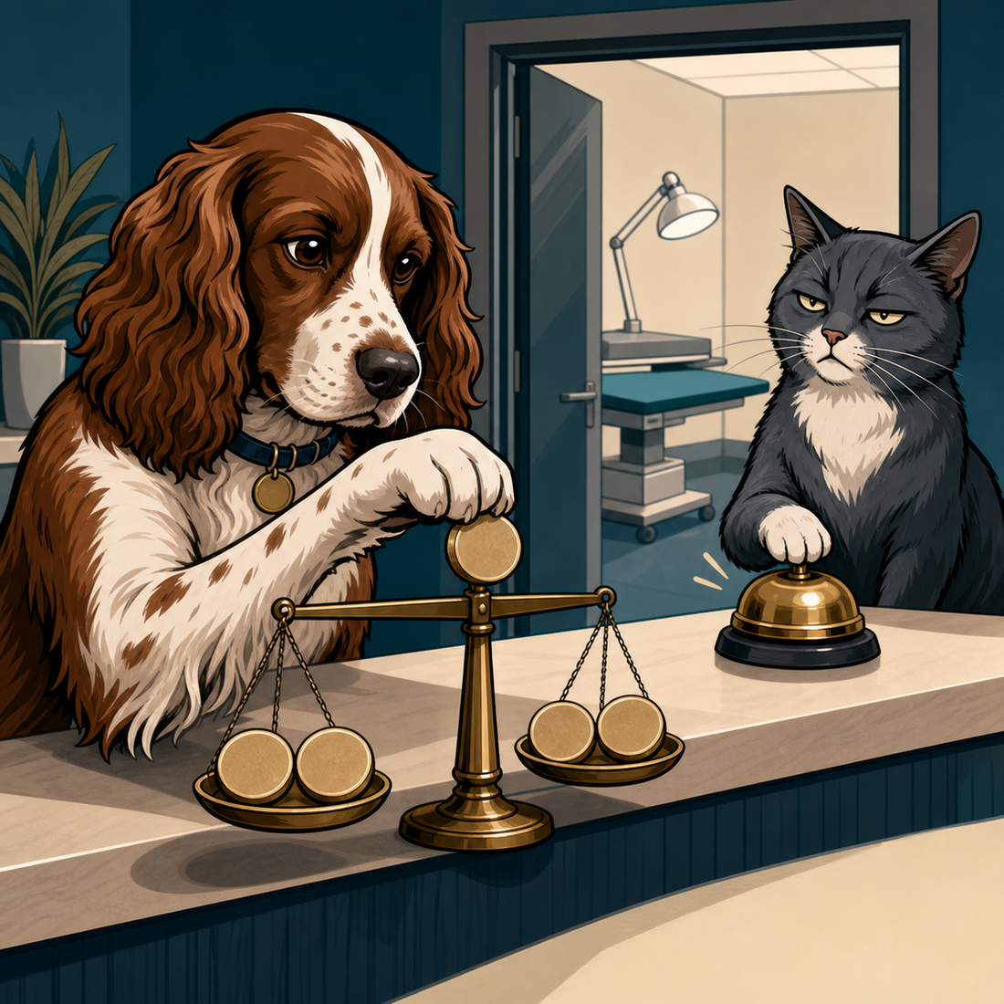 Comic-style spaniel balancing five treatment tokens on brass scales while a cat rings a veterinary reception bell
