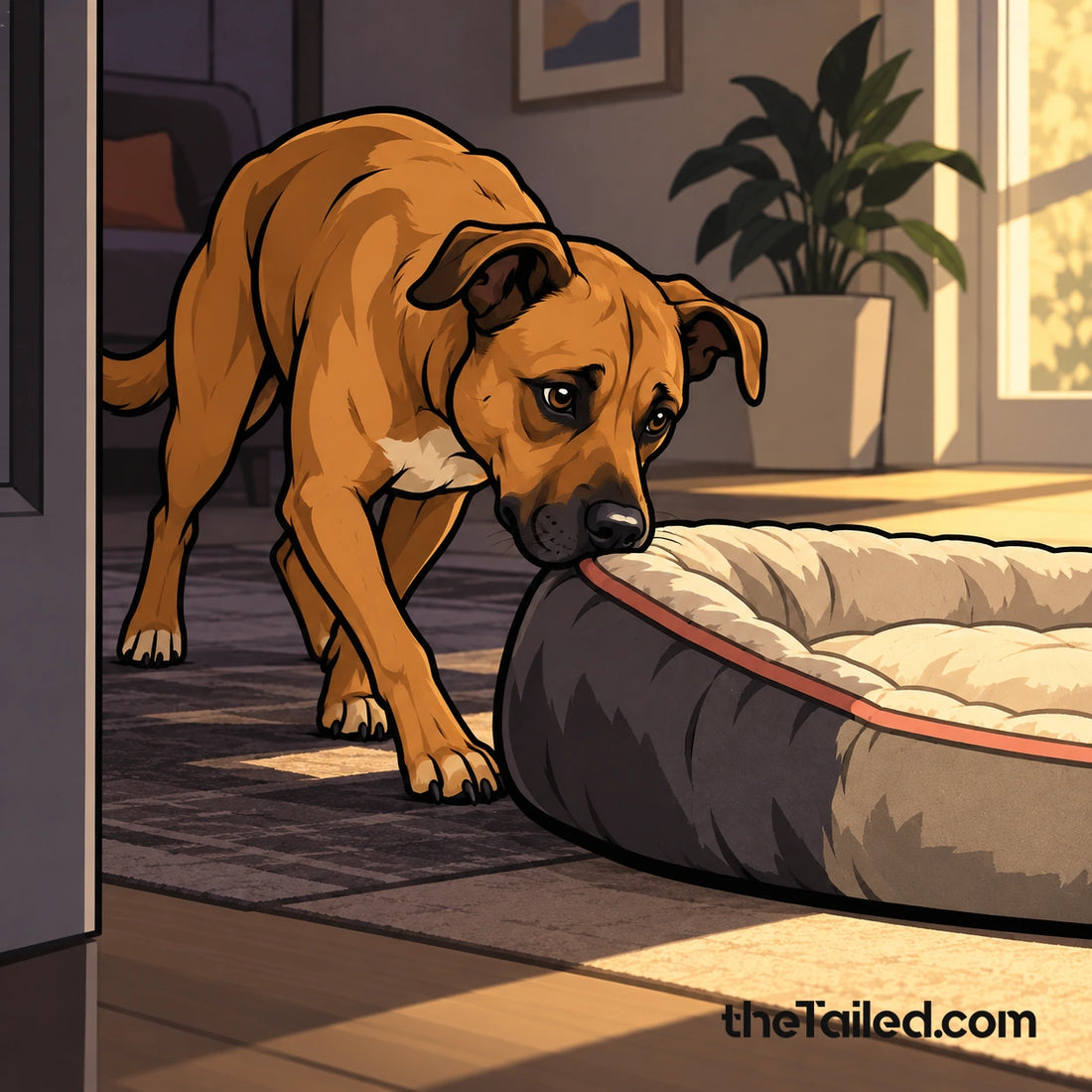 Symbolic editorial illustration of an invented adult dog nudging its bed from shadow towards sunlight in a quiet home; not Sadie.