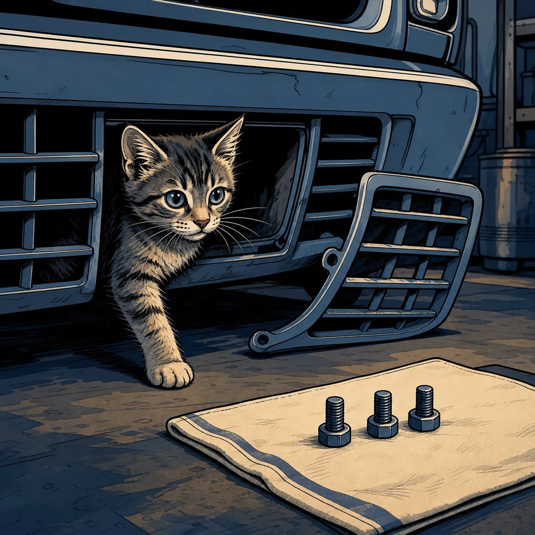Comic-style kitten emerging through a carefully removed car grille while three neatly arranged bolts resemble a place setting