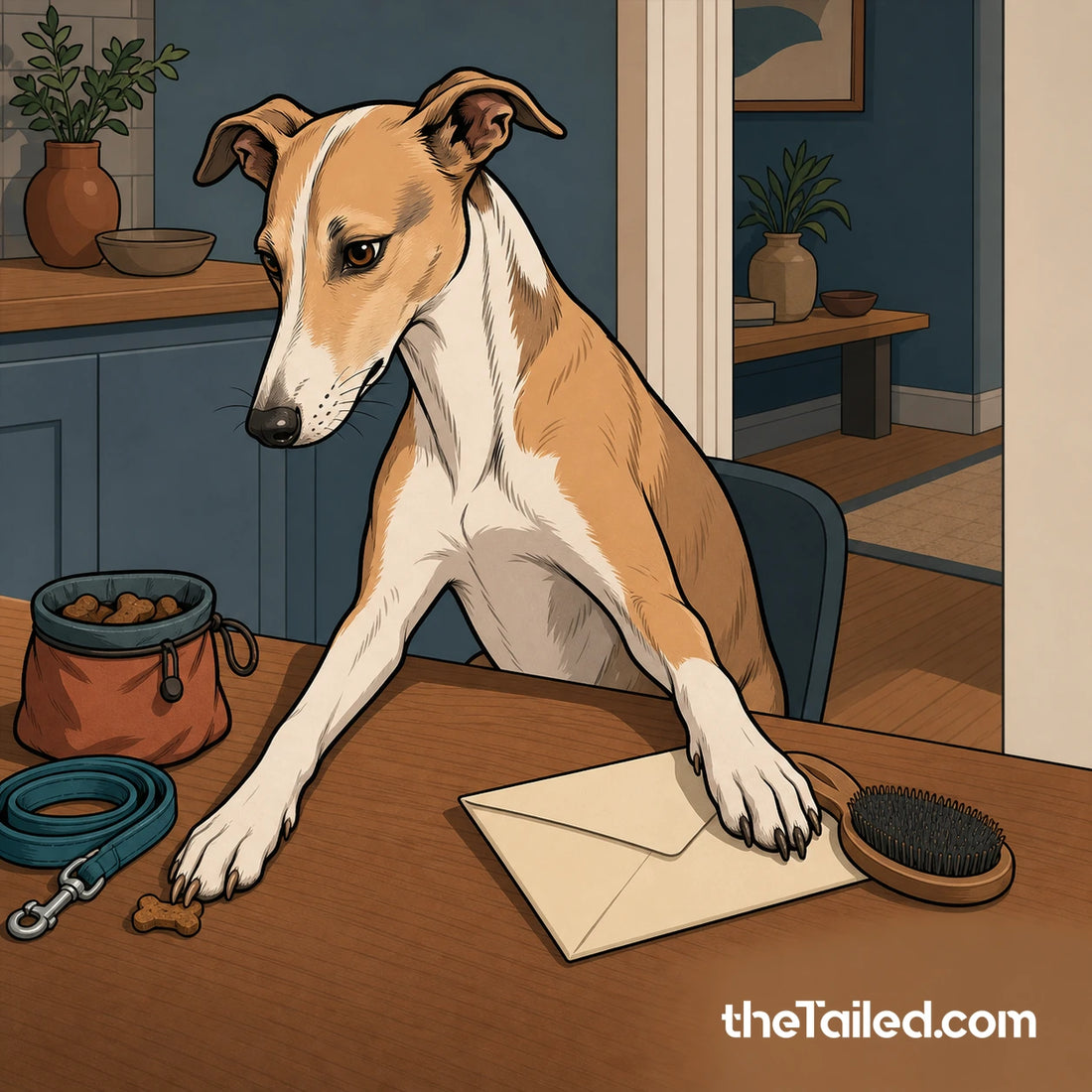 Editorial comic of a self-possessed lurcher guarding a plain envelope and grooming brush while nudging a training treat towards its lead and treat pouch