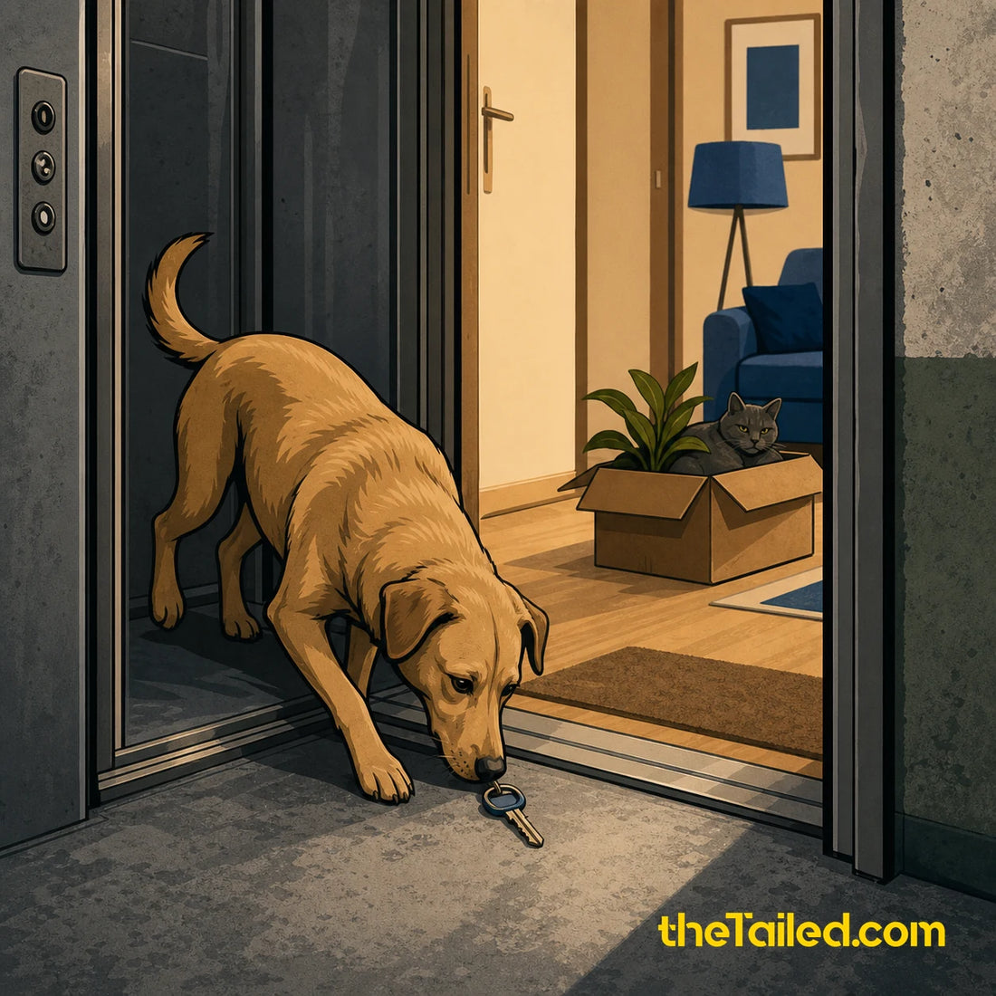 Comic-style dog nudging a key across a tower-block threshold while a cat settles into a moving box
