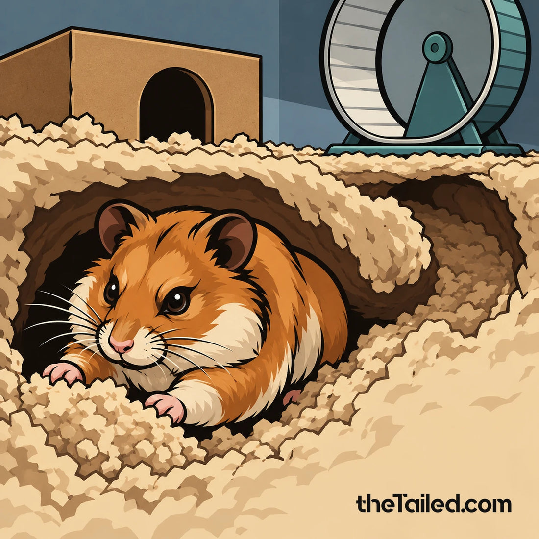 Conceptual editorial illustration of an invented adult Syrian hamster making its own burrow beneath a simple box hide, with a running wheel above; not a specific rescue animal.