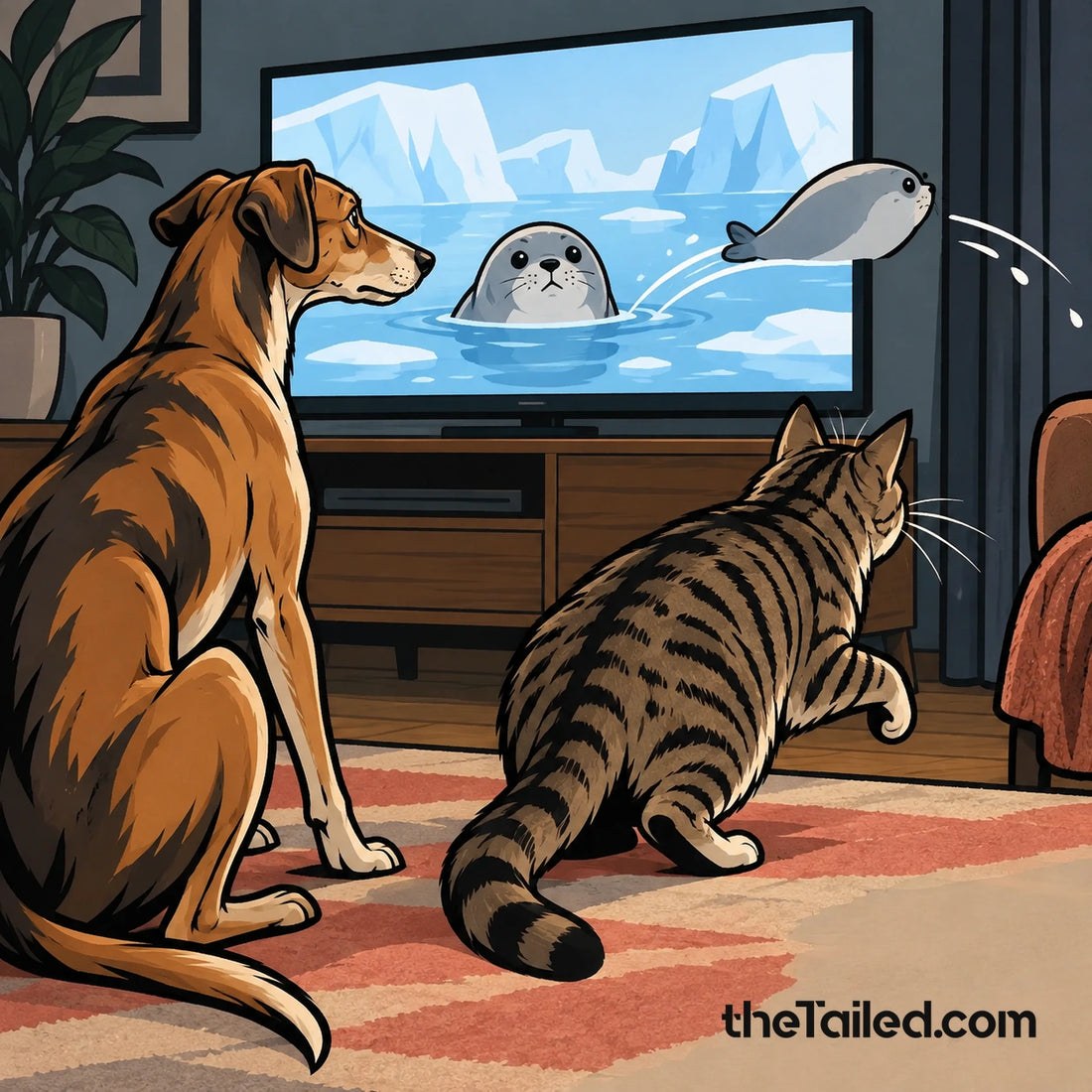 Conceptual editorial illustration of an invented lurcher and tabby tracking abstract seal-like shapes moving across a television screen.