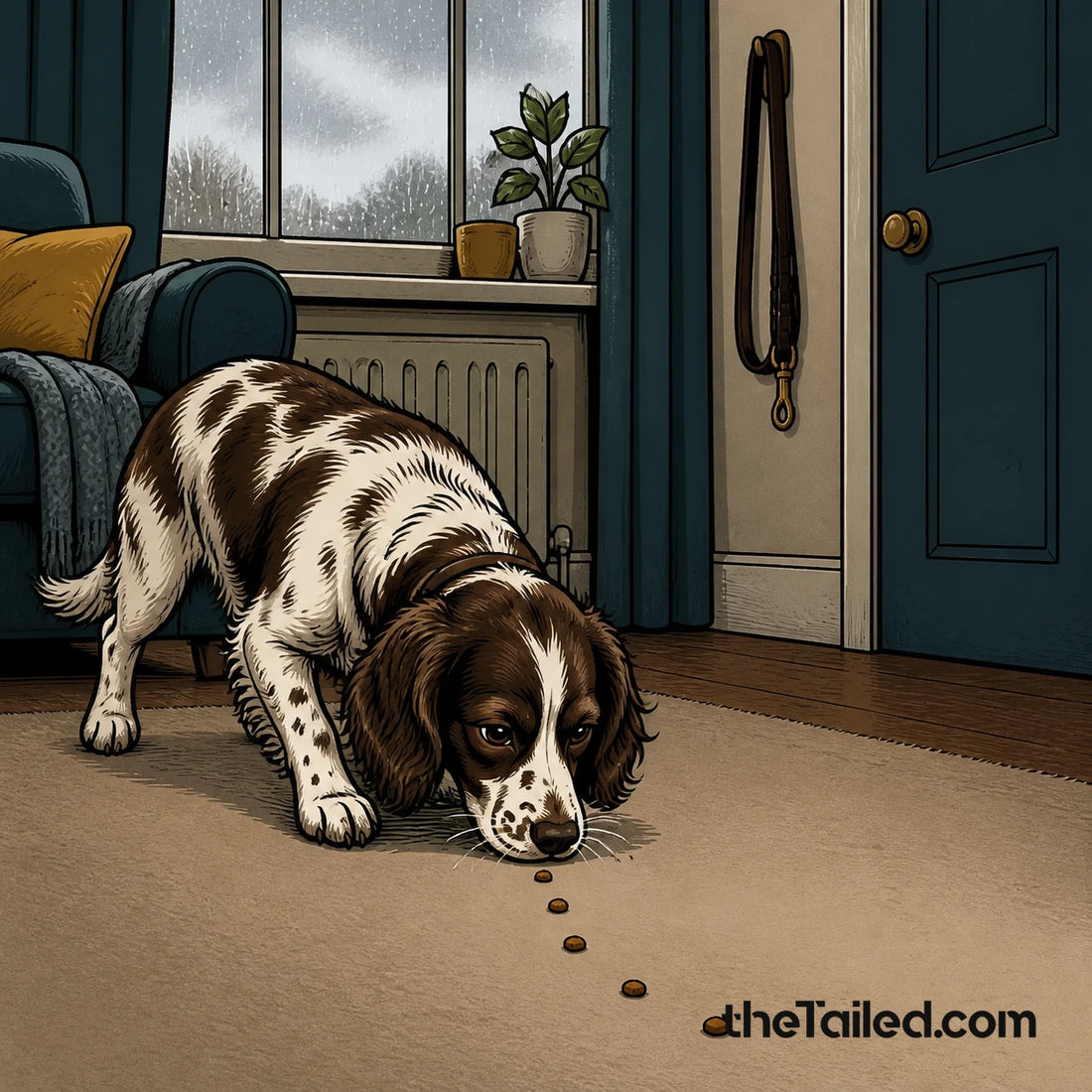 Editorial comic of a focused spaniel following a scent trail through a tidy sitting room while rain streaks the window and an unused lead hangs by the door
