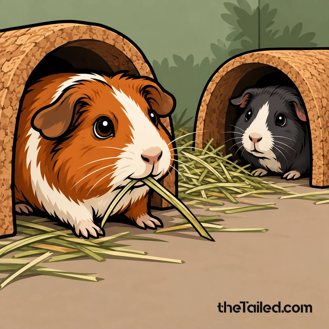 Conceptual editorial illustration of two guinea pigs at separate shelters, one drawing hay towards its entrance; a visual metaphor for individual hiding choices, not a complete enclosure plan.