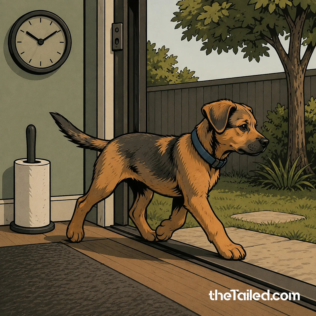 Editorial comic of an alert adult-looking puppy stepping from an open back door towards a small garden toilet spot while a wall clock and neatly parked cleaning roll quietly suggest the household routine