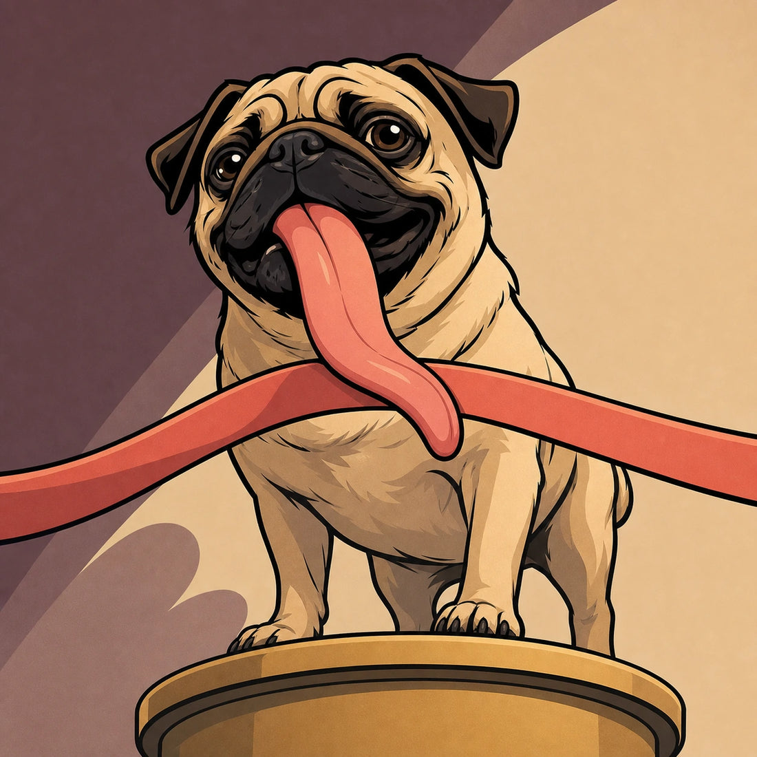 Comic-style rescue pug Jinny Lu stepping onto a winner podium while her long tongue casually crosses the finish ribbon