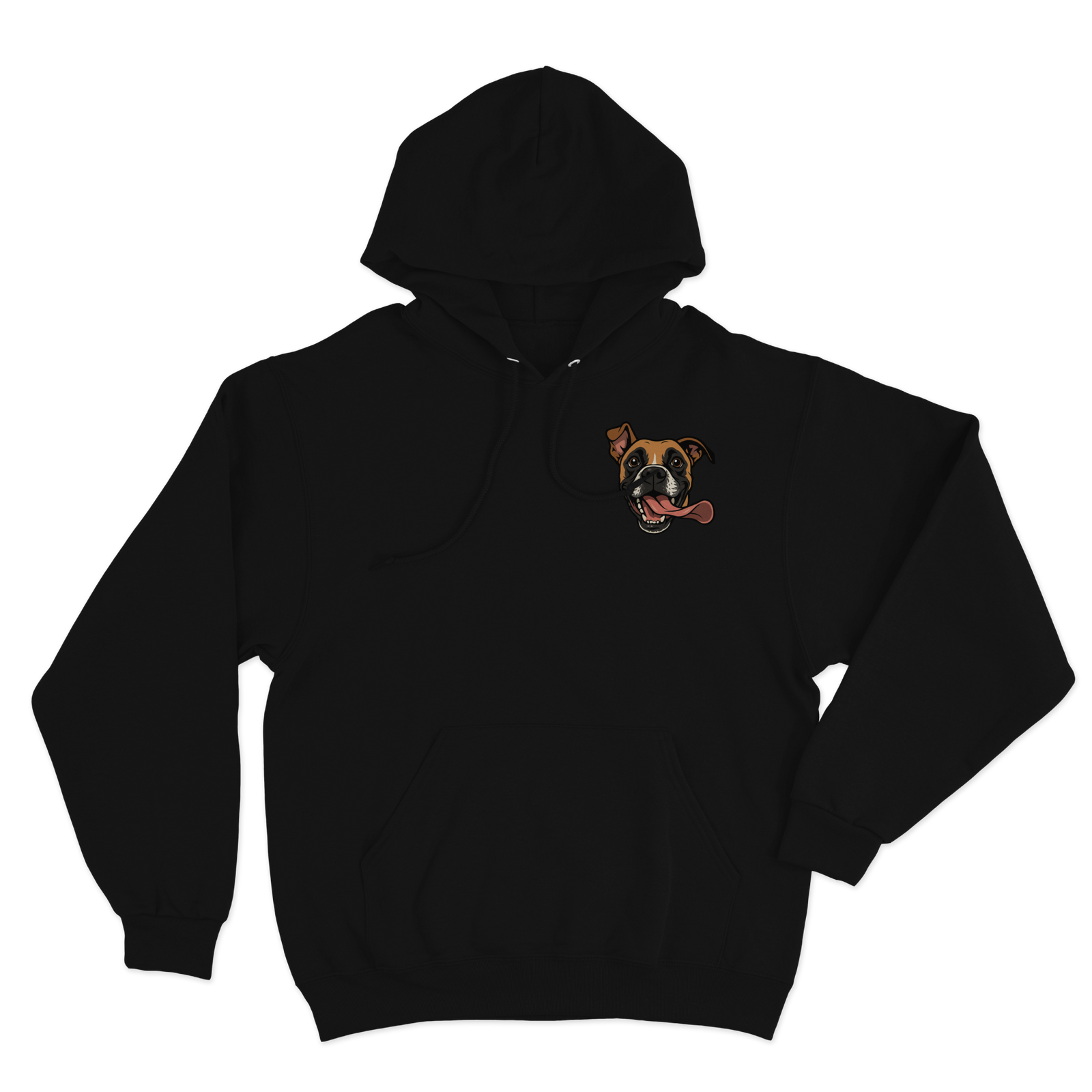 Black hoodie with a custom dog illustration as the logo