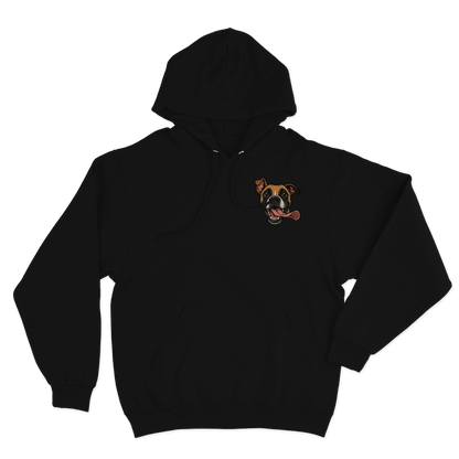 Black hoodie with a custom dog illustration as the logo