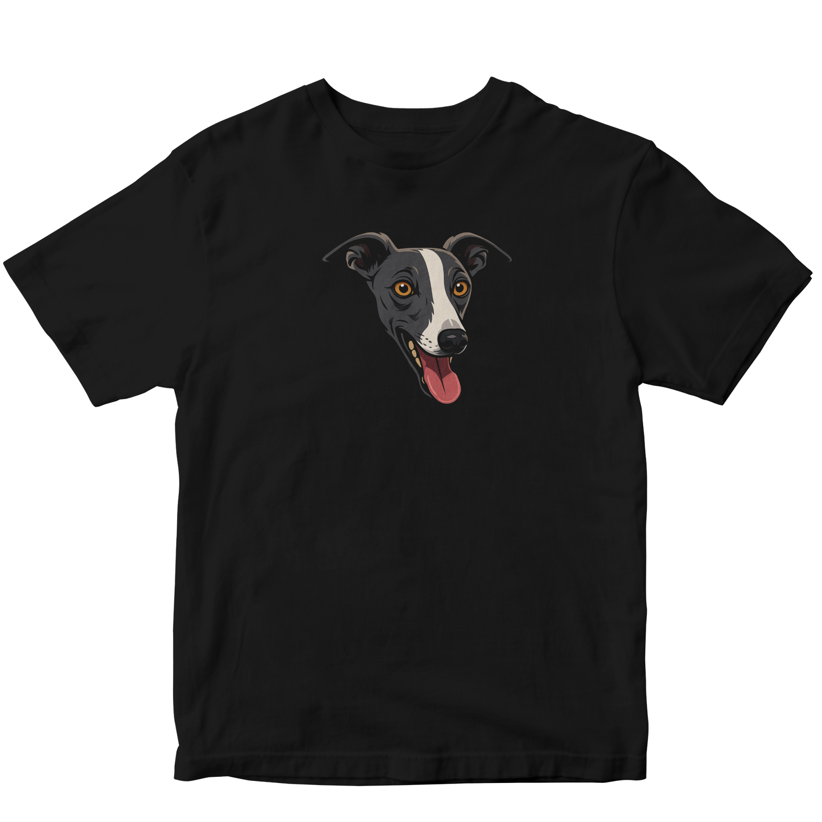 Black t-shirt with a dog illustration on a white background