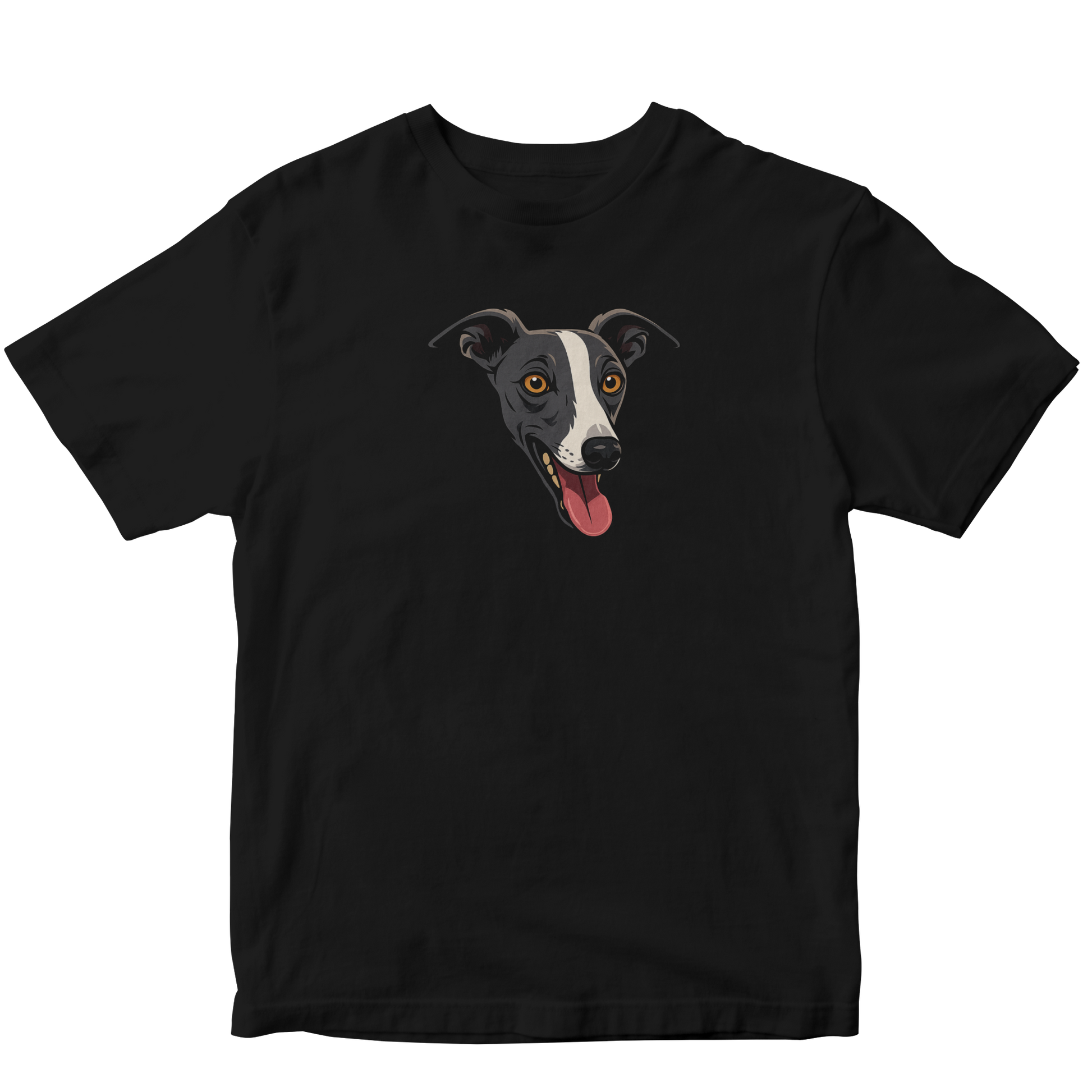 Black t-shirt with a dog illustration on a white background