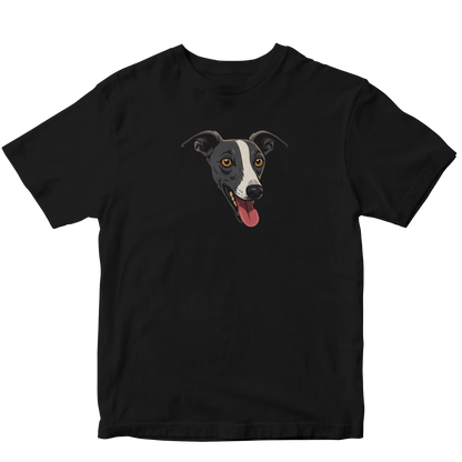 Black t-shirt with a dog illustration on a white background