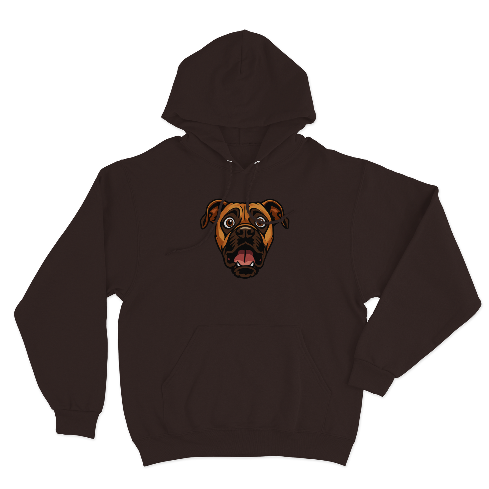 Brown hoodie with a custom dog's face design on a white background